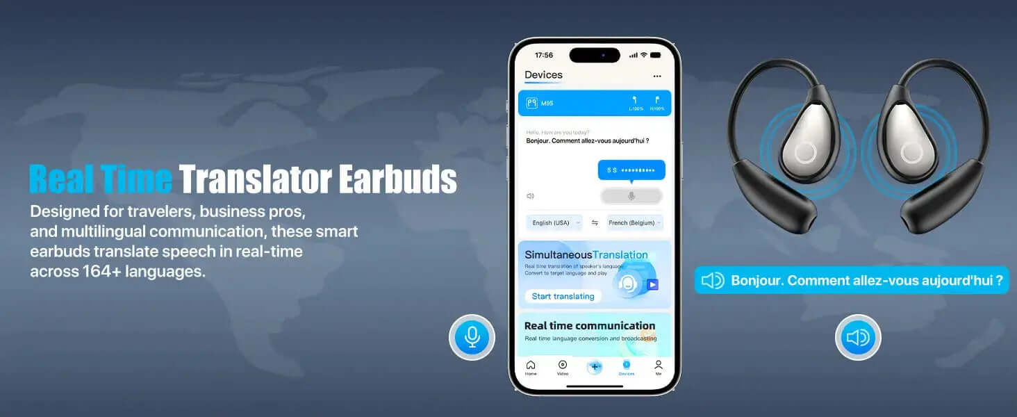 Professional AI Translator Earbuds - 164 Lang, Audio Video Call - Lxvox