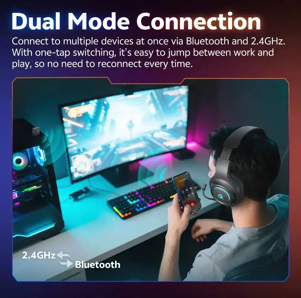 Professional Wireless Gaming Headset - 100H Battery Life, Triple-Mode Audio - Lxvox