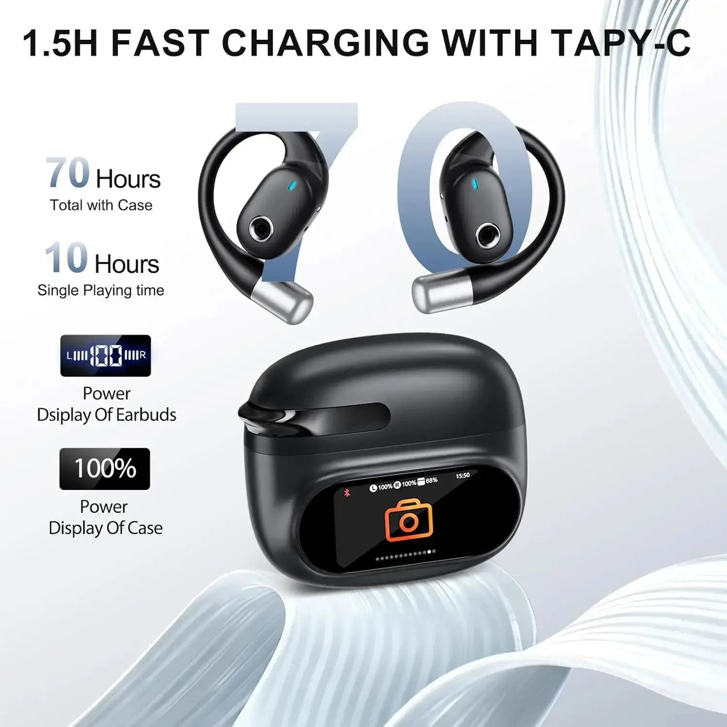 AI Translator Earbuds with LCD Touchscreen - 164 Lang, 70H - Lxvox