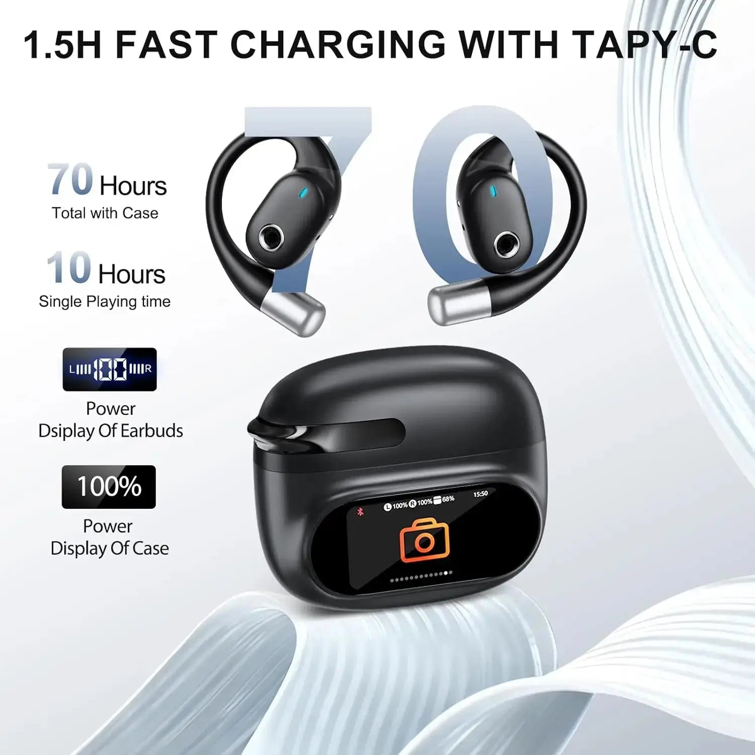 AI Translator Earbuds with LCD Touchscreen - 164 Lang, 70H - Lxvox