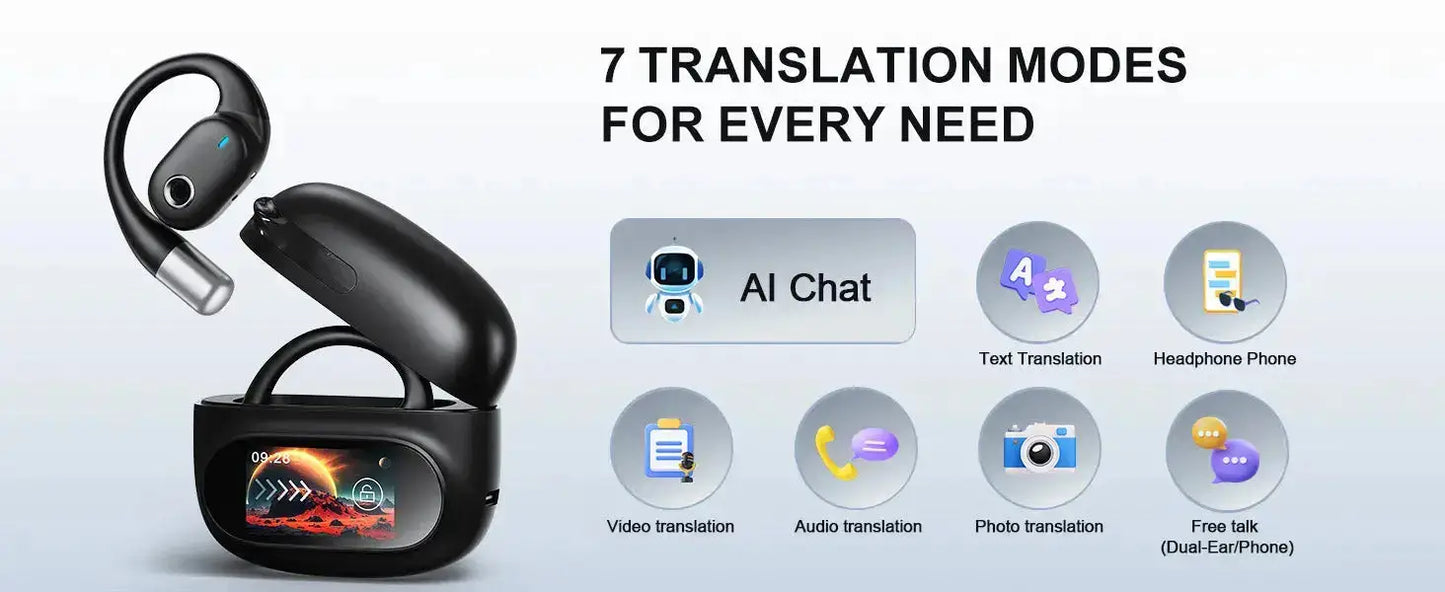 AI Translator Earbuds with LCD Touchscreen - 164 Lang, 70H - Lxvox