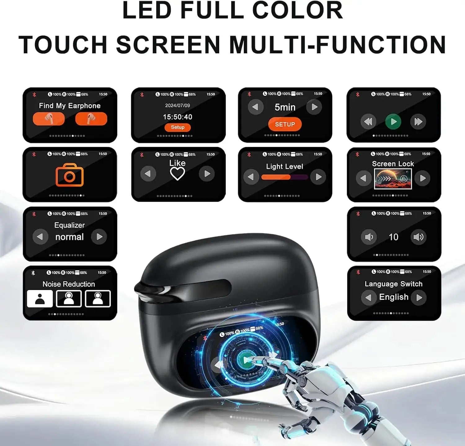 AI Translator Earbuds with LCD Touchscreen - 164 Lang, 70H - Lxvox