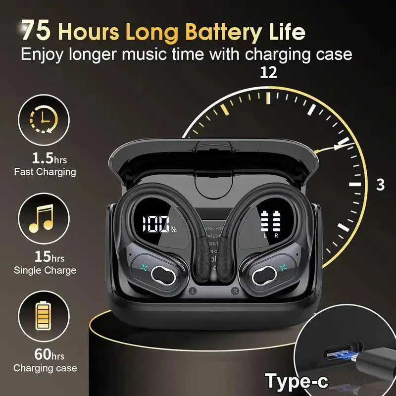 Professional Sports Bluetooth Headset - 75H Playtime, LED Display - Lxvox