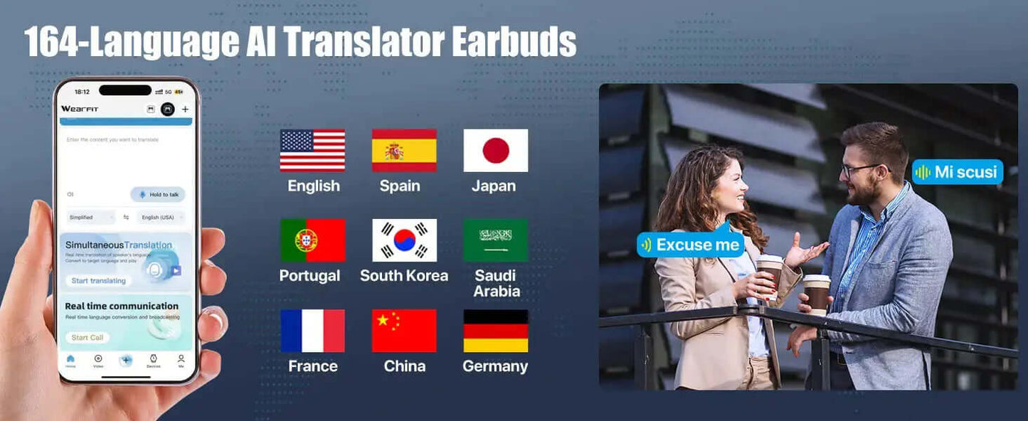 Professional AI Translator Earbuds - 164 Lang, Audio Video Call - Lxvox