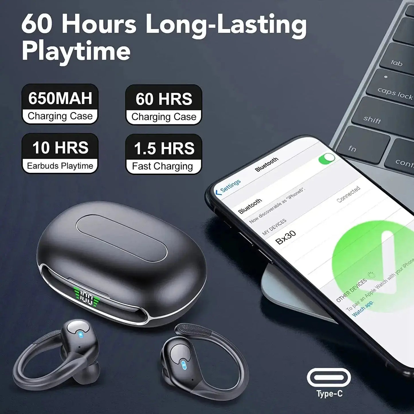 BX30 Sport Wireless Earbuds - 60H, LED Display, IPX7 - Lxvox