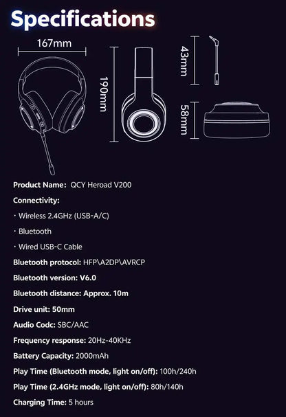 Professional Wireless Gaming Headset - 100H Battery Life, Triple-Mode Audio - Lxvox