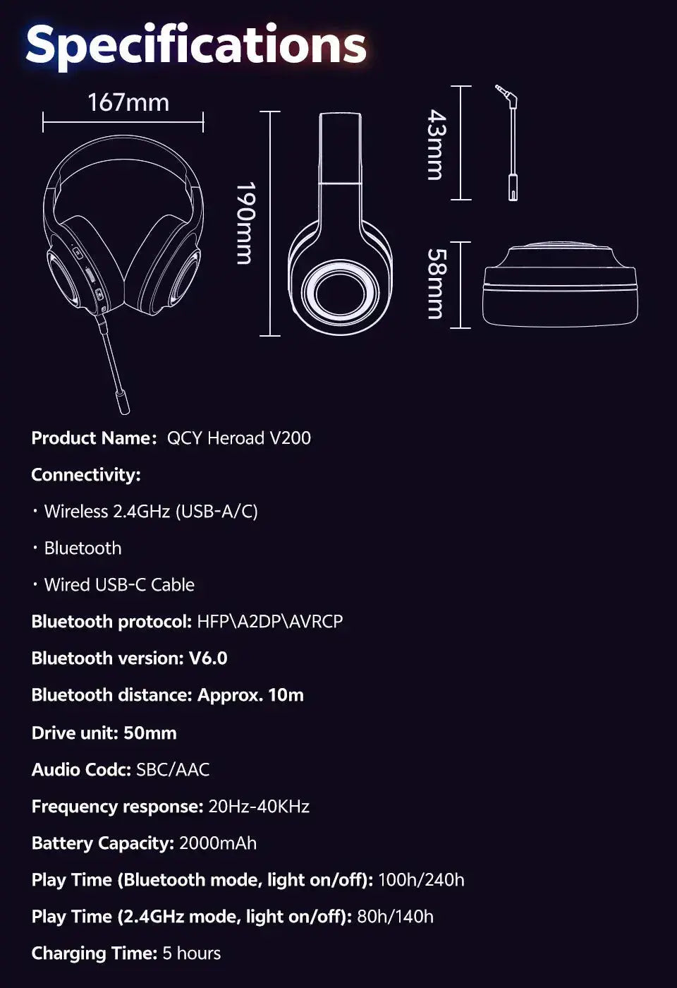 Professional Wireless Gaming Headset - 100H Battery Life, Triple-Mode Audio - Lxvox