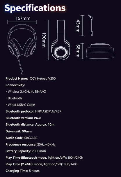 Professional Wireless Gaming Headset - 100H Battery Life, Triple-Mode Audio - Lxvox