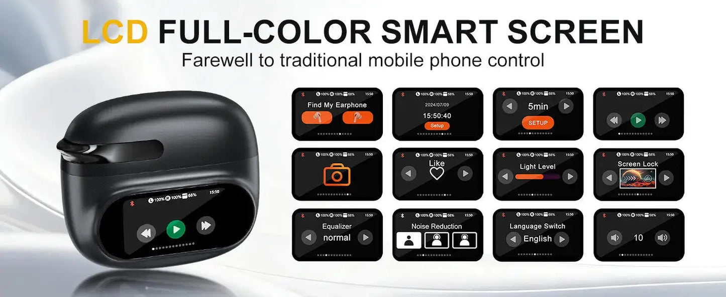 AI Translator Earbuds with LCD Touchscreen - 164 Lang, 70H - Lxvox