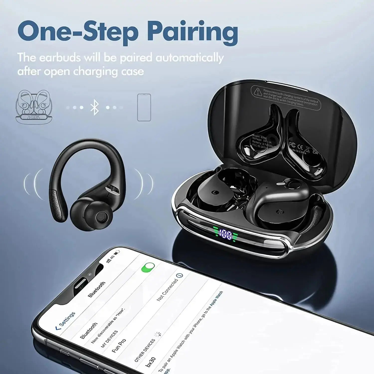BX30 Sport Wireless Earbuds - 60H, LED Display, IPX7 - Lxvox