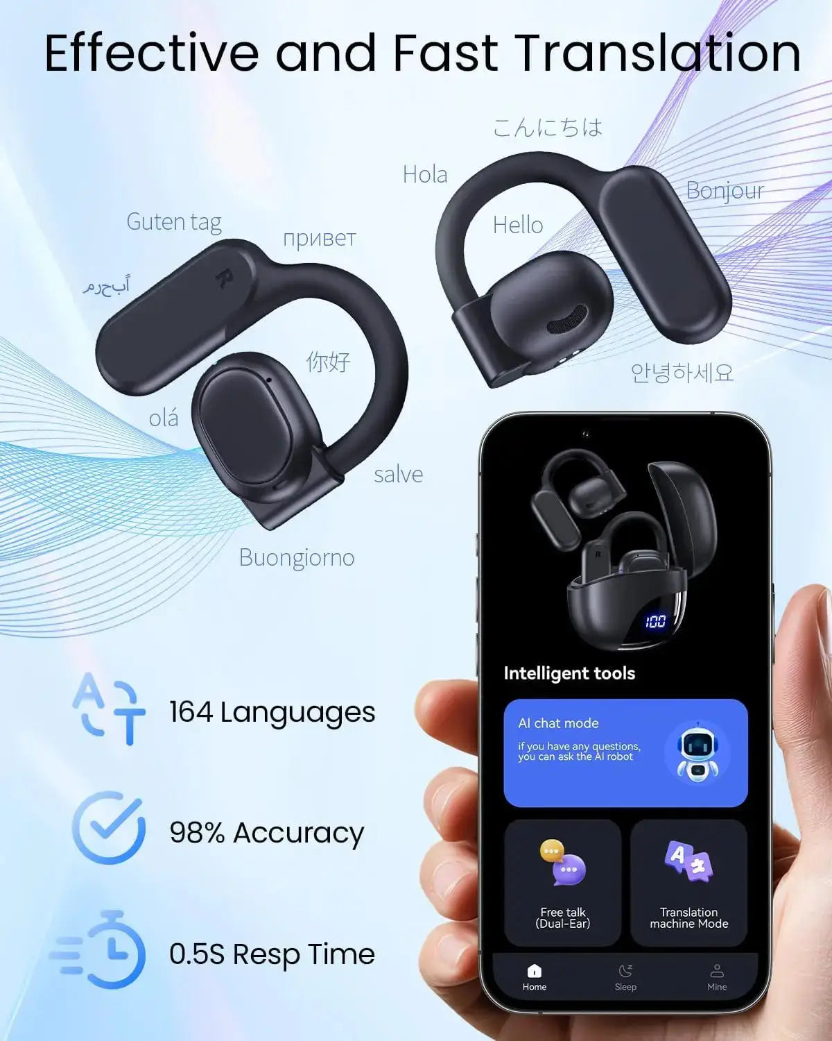 Professional AI Translator Earbuds - 164 Languages, 80 Hours of Wireless Clarity - Lxvox