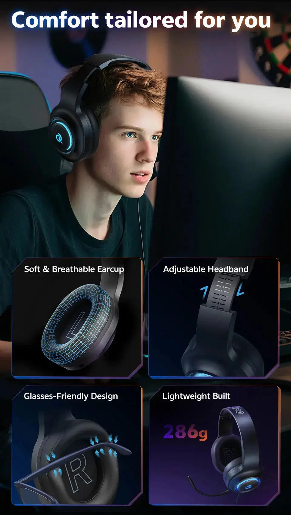 Professional Wireless Gaming Headset - 100H Battery Life, Triple-Mode Audio - Lxvox